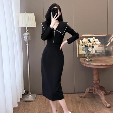 FA40375# 秋冬大码时尚翻领钉珠重工气质显瘦赫本风连衣裙 服裝批發女裝批發服飾貨源