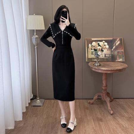 FA40375# 秋冬大码时尚翻领钉珠重工气质显瘦赫本风连衣裙 服裝批發女裝批發服飾貨源