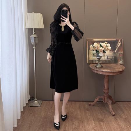 FA40376# 秋冬大码时尚钉珠重工名媛风拼接亮片流苏丝绒连衣裙 服裝批發女裝批發服飾貨源