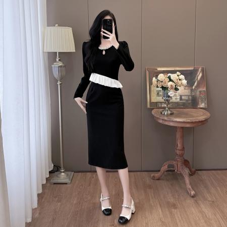 FA40378# 大码时尚钉珠重工拼接显瘦荷叶边气质显瘦连衣裙 服裝批發女裝批發服飾貨源