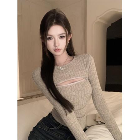 FA40387# 少女性感柔软可拉拉链圆领针织长袖打底衫 服裝批發女裝批發服飾貨源