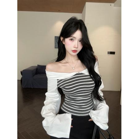 FA40391# 新款超好看条纹拼接撞色短款泡泡袖显瘦衬衫上衣女 服裝批發女裝批發服飾貨源