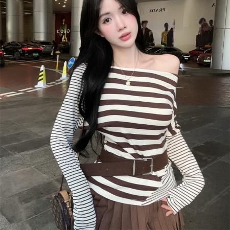 FA40392# 新款设计感条纹斜肩减龄长袖T恤上衣女配腰带 服裝批發女裝批發服飾貨源