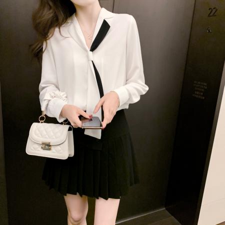 FA40394# 秋新款翻领领带职业白色衬衫女小众设计感衬衣雪纺衫上衣 服裝批發女裝批發服飾貨源