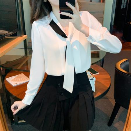 FA40394# 秋新款翻领领带职业白色衬衫女小众设计感衬衣雪纺衫上衣 服裝批發女裝批發服飾貨源