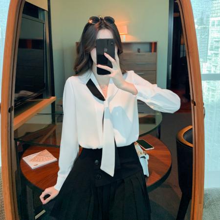 FA40394# 秋新款翻领领带职业白色衬衫女小众设计感衬衣雪纺衫上衣 服裝批發女裝批發服飾貨源