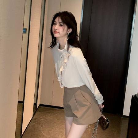 FA40395# 秋装新款女装斜领衬衫女设计感小众荷叶边雪纺长袖上衣 服裝批發女裝批發服飾貨源