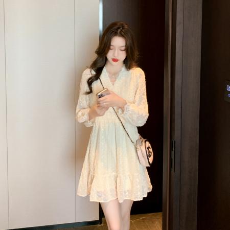 FA40398# 秋装新款法式V领蕾丝收腰显瘦连衣裙女甜美超仙裙子温柔 服裝批發女裝批發服飾貨源