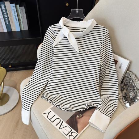 FA40400# 条纹ins领结修身长袖T恤女韩系早秋穿搭假两件内搭打底衫上衣 服裝批發女裝批發服飾貨源
