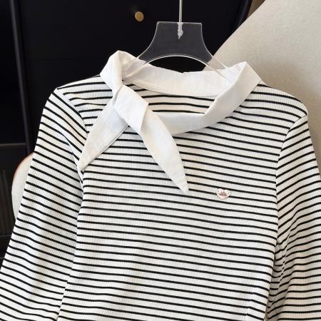 FA40400# 条纹ins领结修身长袖T恤女韩系早秋穿搭假两件内搭打底衫上衣 服裝批發女裝批發服飾貨源