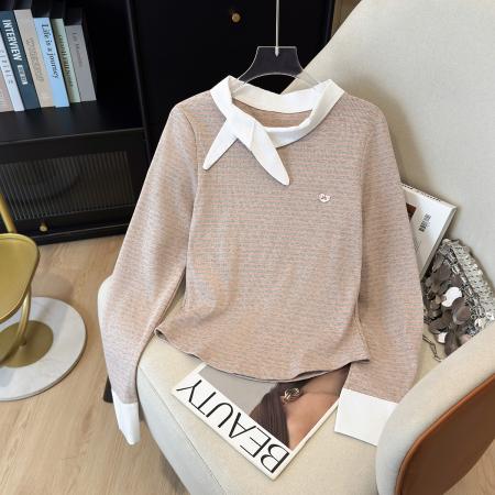 FA40400# 条纹ins领结修身长袖T恤女韩系早秋穿搭假两件内搭打底衫上衣 服裝批發女裝批發服飾貨源