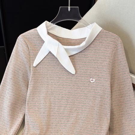 FA40400# 条纹ins领结修身长袖T恤女韩系早秋穿搭假两件内搭打底衫上衣 服裝批發女裝批發服飾貨源