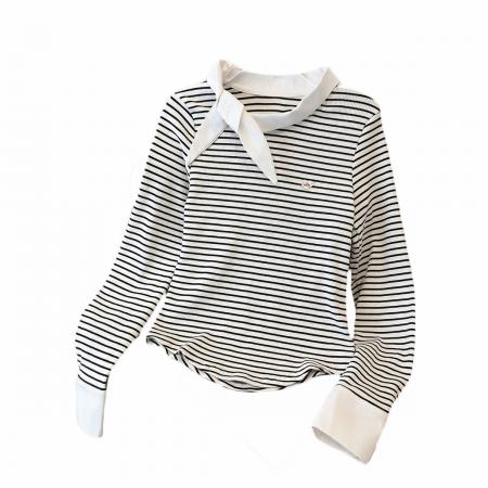 FA40400# 条纹ins领结修身长袖T恤女韩系早秋穿搭假两件内搭打底衫上衣 服裝批發女裝批發服飾貨源