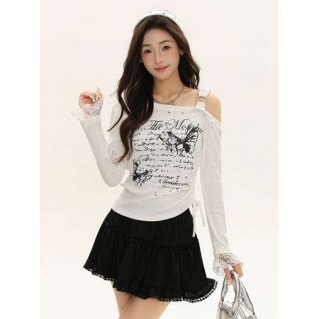 FA40404# 辣妹风蝴蝶印花露肩长袖T恤女早秋不规则抽绳收腰显瘦黑色上衣tee 服裝批發女裝批發服飾貨源