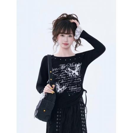 FA40404# 辣妹风蝴蝶印花露肩长袖T恤女早秋不规则抽绳收腰显瘦黑色上衣tee 服裝批發女裝批發服飾貨源