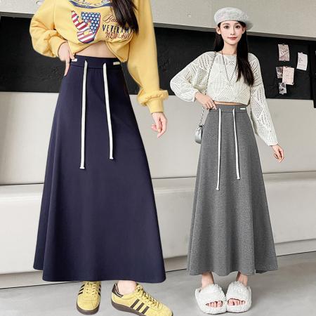 FA40407# 纯色抽绳中长款针织半身裙松紧腰工装长裙韩版休闲裙a字伞裙 服裝批發女裝批發服飾貨源