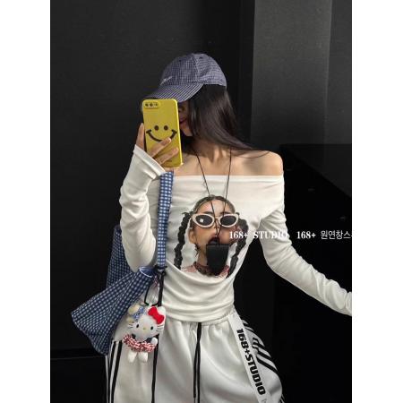 FA40413# 韩国东大门秋季新款一字肩打底衫女修身显瘦百搭长袖t恤短款上衣 服裝批發女裝批發服飾貨源