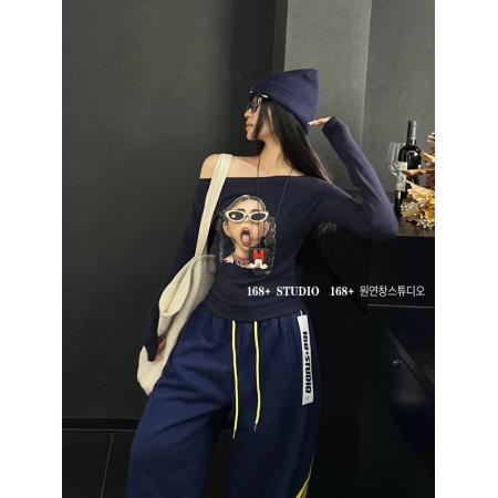 FA40413# 韩国东大门秋季新款一字肩打底衫女修身显瘦百搭长袖t恤短款上衣 服裝批發女裝批發服飾貨源