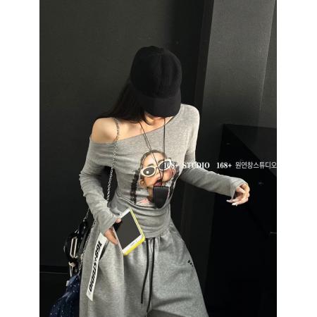 FA40413# 韩国东大门秋季新款一字肩打底衫女修身显瘦百搭长袖t恤短款上衣 服裝批發女裝批發服飾貨源
