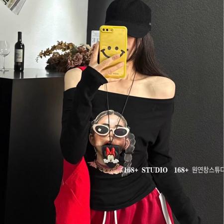 FA40413# 韩国东大门秋季新款一字肩打底衫女修身显瘦百搭长袖t恤短款上衣 服裝批發女裝批發服飾貨源
