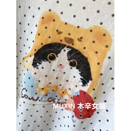 FA40422# 特大码300斤帽子小猫点点印花拼色插肩长袖秋季时尚韩系宽松T恤衫 服裝批發女裝批發服飾貨源