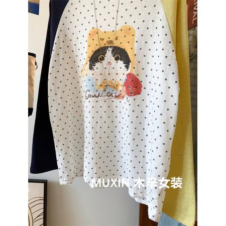 FA40422# 特大码300斤帽子小猫点点印花拼色插肩长袖秋季时尚韩系宽松T恤衫 服裝批發女裝批發服飾貨源