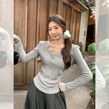 FA40425# 纯欲蕾丝花朵拼接设计感长袖T恤女新款内搭气质上衣 服裝批發女裝批發服飾貨源