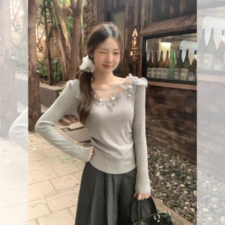 FA40425# 纯欲蕾丝花朵拼接设计感长袖T恤女新款内搭气质上衣 服裝批發女裝批發服飾貨源