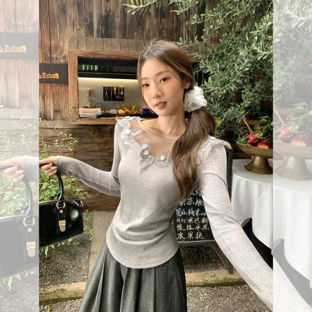 FA40425# 纯欲蕾丝花朵拼接设计感长袖T恤女新款内搭气质上衣 服裝批發女裝批發服飾貨源