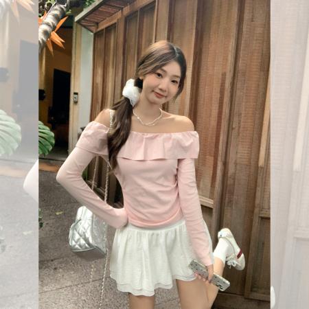 FA40426# 美式荷叶边粉色露肩上衣女秋季修身显瘦设计感一字肩长袖 服裝批發女裝批發服飾貨源