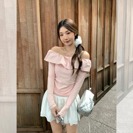 FA40426# 美式荷叶边粉色露肩上衣女秋季修身显瘦设计感一字肩长袖 服裝批發女裝批發服飾貨源