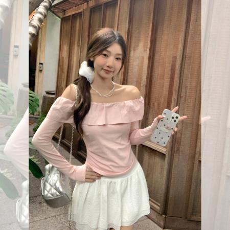 FA40426# 美式荷叶边粉色露肩上衣女秋季修身显瘦设计感一字肩长袖 服裝批發女裝批發服飾貨源