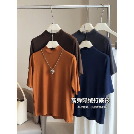 FA40428# 半袖T恤女春秋装新款五分袖半高领弹力阳绒修身中袖打底衫女 服裝批發女裝批發服飾貨源