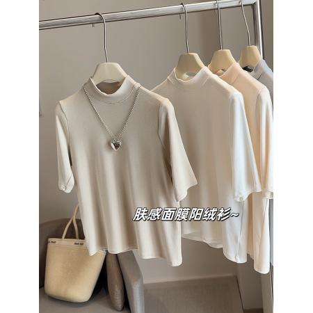 FA40428# 半袖T恤女春秋装新款五分袖半高领弹力阳绒修身中袖打底衫女 服裝批發女裝批發服飾貨源