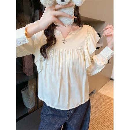 FA40431# 秋装新款韩版chic超仙褶皱衬衣V领荷叶边衬衫女 服裝批發女裝批發服飾貨源
