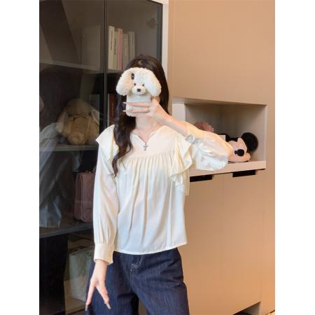 FA40431# 秋装新款韩版chic超仙褶皱衬衣V领荷叶边衬衫女 服裝批發女裝批發服飾貨源