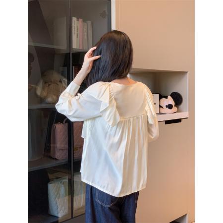 FA40431# 秋装新款韩版chic超仙褶皱衬衣V领荷叶边衬衫女 服裝批發女裝批發服飾貨源