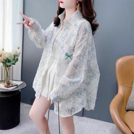 FA40449# 蝴蝶印花薄款防晒衬衫女夏季宽松中长款衬衣 服裝批發女裝批發服飾貨源