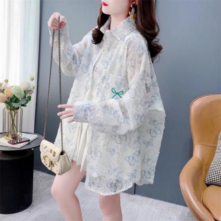 FA40449# 蝴蝶印花薄款防晒衬衫女夏季宽松中长款衬衣 服裝批發女裝批發服飾貨源