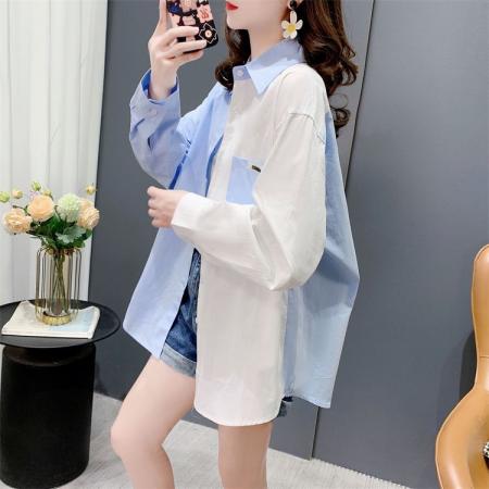 FA40450# 纯棉春秋新款韩版拼色设计衬衫外套 服裝批發女裝批發服飾貨源