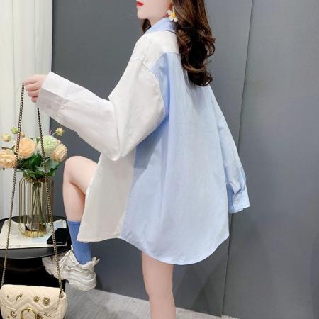 FA40450# 纯棉春秋新款韩版拼色设计衬衫外套 服裝批發女裝批發服飾貨源