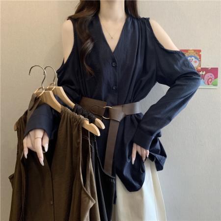 FA40458# 法式轻熟风气质V领露肩长袖衬衫女秋大码胖mm腰带收腰不规则上衣 服裝批發女裝批發服飾貨源