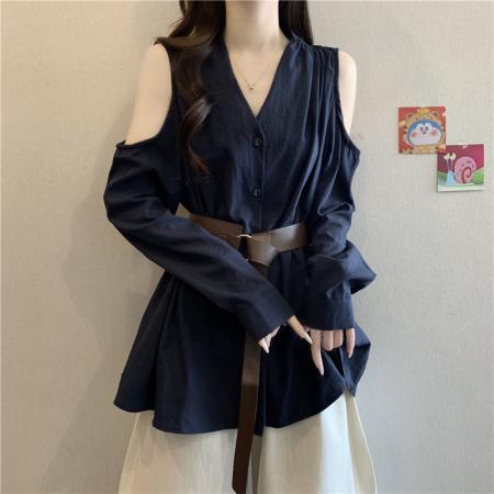FA40458# 法式轻熟风气质V领露肩长袖衬衫女秋大码胖mm腰带收腰不规则上衣 服裝批發女裝批發服飾貨源