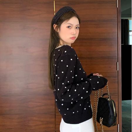 FA40459# 黑色V领波点开衫秋季新锁边设计韩系短款针织开衫 服裝批發女裝批發服飾貨源