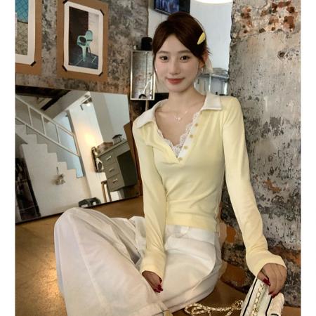 FA40462# 宋正恩鹅黄polo领长袖t恤女秋季蕾丝假两件内搭打底衫小上衣 服裝批發女裝批發服飾貨源