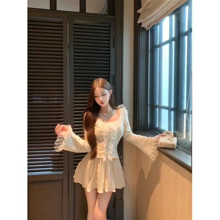 FA40463# 法式蕾丝花边拼接长袖衬衫女秋款高腰显瘦半身裙两件套 服裝批發女裝批發服飾貨源
