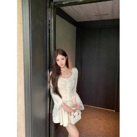 FA40463# 法式蕾丝花边拼接长袖衬衫女秋款高腰显瘦半身裙两件套 服裝批發女裝批發服飾貨源