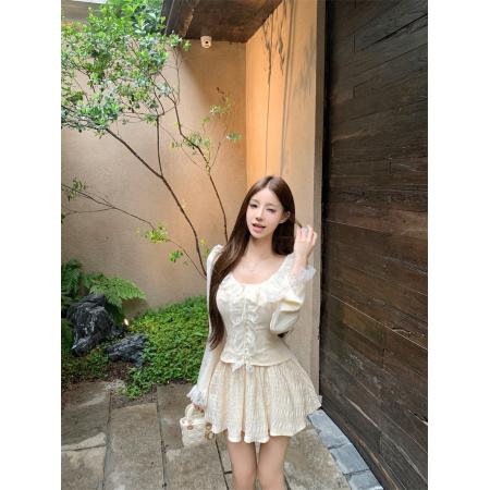 FA40463# 法式蕾丝花边拼接长袖衬衫女秋款高腰显瘦半身裙两件套 服裝批發女裝批發服飾貨源