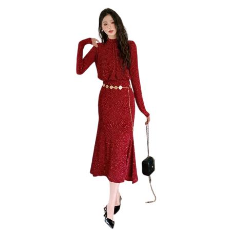 FA40467# 秋季新款气质鱼尾时尚显瘦亮钻连衣裙 配腰带 服裝批發女裝批發服飾貨源