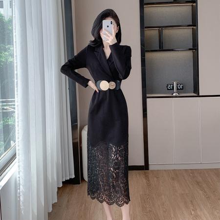 FA40468# 设计感名媛气质西装领拼接蕾丝包臀连衣裙 服裝批發女裝批發服飾貨源